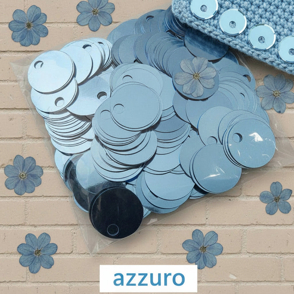azzurro grandi giganti paillettes da 25 mm foro 5 mm per borse uncinetto pochette di fettuccia thai lycra lurex clutch bags crochet knitting chunky