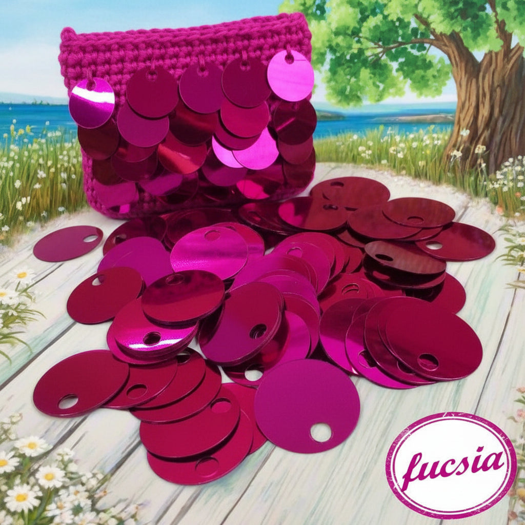 fucsia intenso grandi giganti paillettes da 25 mm foro 5 mm per borse uncinetto pochette di fettuccia thai lycra lurex clutch bags crochet knitting chunky