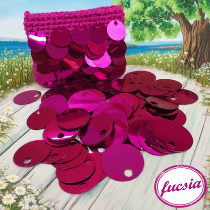 fucsia intenso grandi giganti paillettes da 25 mm foro 5 mm per borse uncinetto pochette di fettuccia thai lycra lurex clutch bags crochet knitting chunky