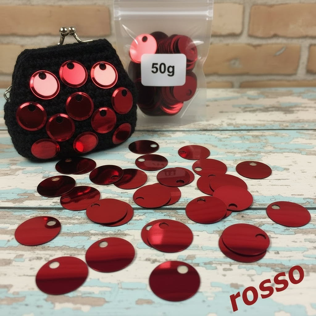rosso grandi giganti paillettes da 25 mm foro 5 mm per borse uncinetto pochette di fettuccia thai lycra lurex clutch bags crochet knitting chunky