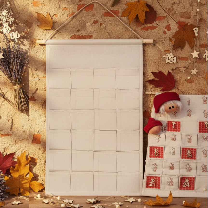 pannello calendario avvento da decorare con numeri di legno e applicazione bambola di natale