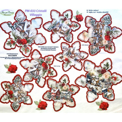PM-033 cristalli di ghiaccio motivi casette villaggio neve Natale pannello pannolenci stampato motivi da ritaglio cucito creativo idee per creare addobbi decorazioni di pezza stoffa tessuto per albero natalizio