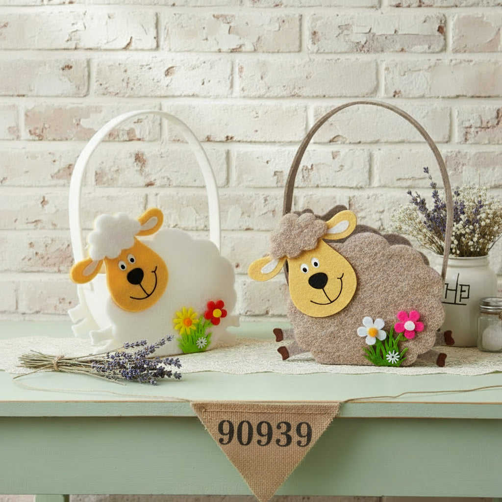 bianco marrone fiori pecora forma cestino aperto di feltro scatola contenitore shopper portauova con disegno ovetti colorati fiori pasquali per confezioni regalo packaging enogastronomia erboristeria
