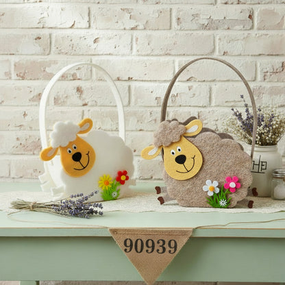 bianco marrone fiori pecora forma cestino aperto di feltro scatola contenitore shopper portauova con disegno ovetti colorati fiori pasquali per confezioni regalo packaging enogastronomia erboristeria