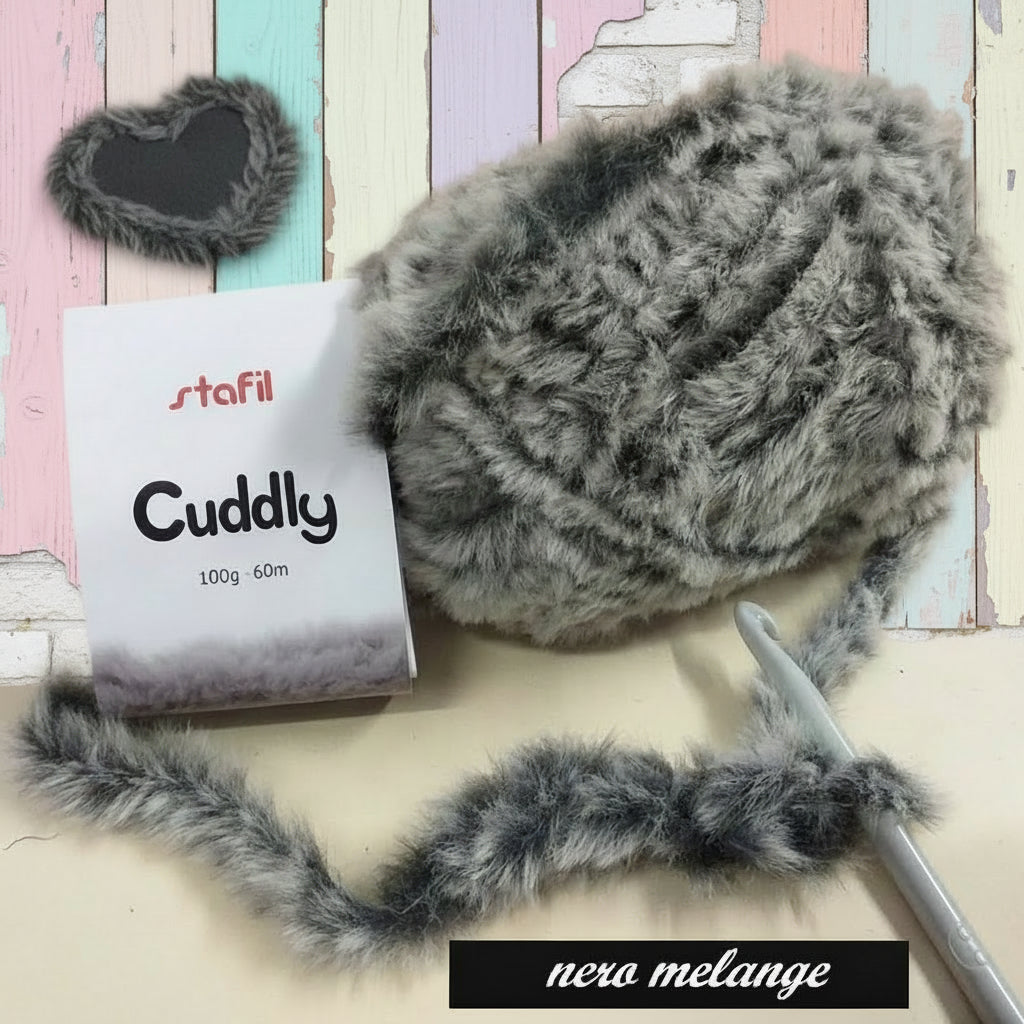 100 g 60 metri gomitolo filato Stafil Cuddly 108065-08 nero melange lana pelliccia uncinetto tipo pelosetto  ferri lavori a maglia uso fare a mano sciarpe berretti scaldacollo cappe stole mantelle gilet