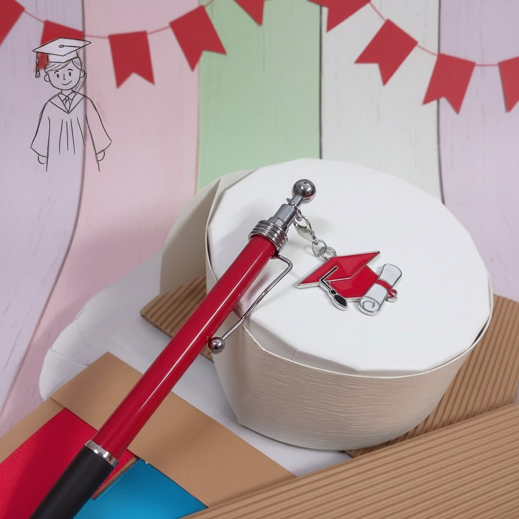 penna bomboniera laurea biro rossa nera ciondolo charms tocco cappello pergamena confetti rossi bigliettino sacchettino pompon tulle nastro stampato scritta scatolina astuccio confezionato packaging artigianale beige cartoncino ondulato