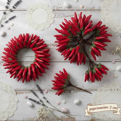decorazioni fiori fai da te centrotavola natalizio segnaposto pick bomboniere peperoncini rossi finti artificiali uso per composizioni floreali confezionamento packaging regali chiudipacco enogastronomia corona d'alloro laurea
