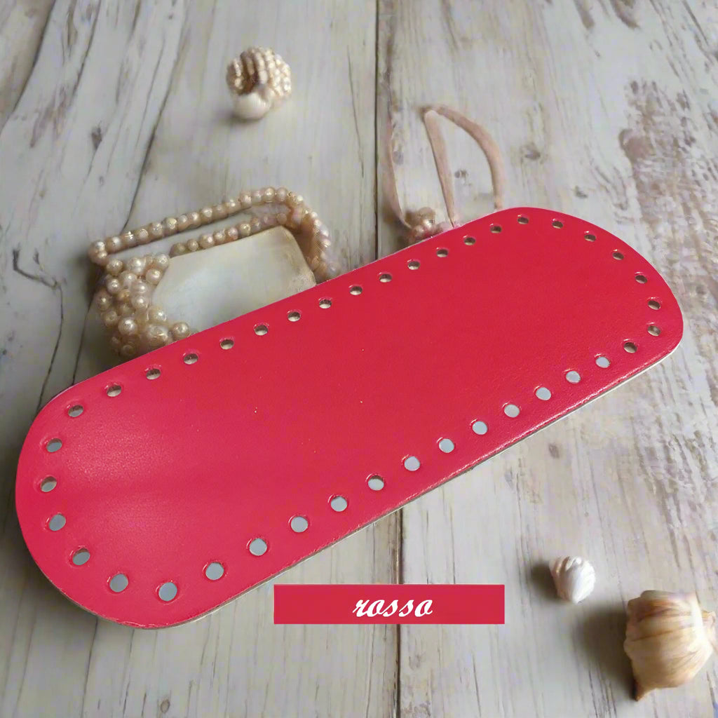 rosso ciliegia fondo base fond de poche ecopelle similpelle cuoio rigenerato MAS 8 x 21 cm ovale forato tecnica granny mattonelle crochet per borsa pochette uncinetto lycra pizza clutch bag a rete
