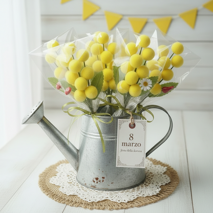 segnaposto mazzetto mazzolino pick piccolo mimosa finta artificiale confezionata con foglie boccioli pistilli peperoncino funghetto margherita in sacchetto trasparente per mini bouquet festa della donna 8 marzo idea regalo