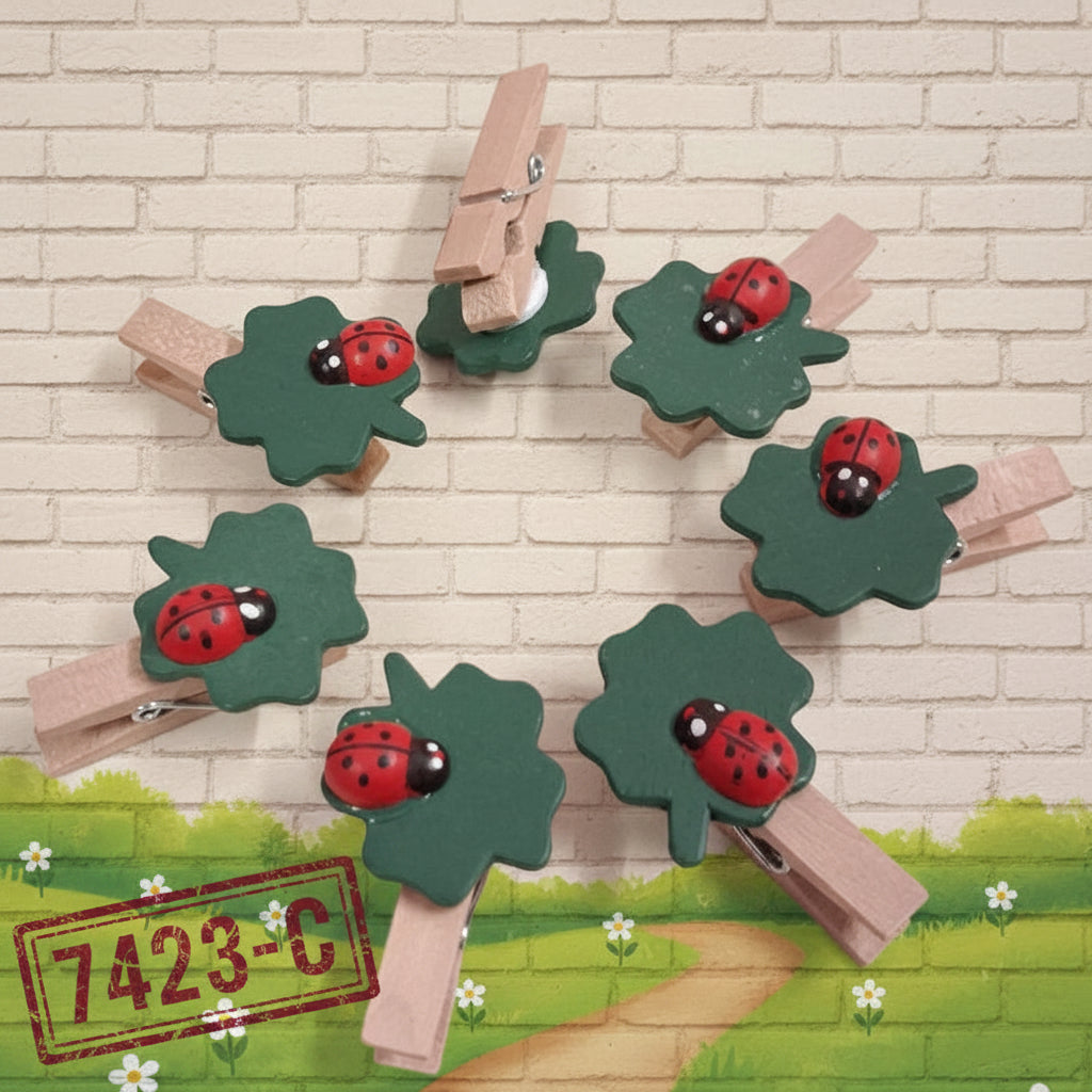 mollette legno clips pinze quadrifoglio verde coccinella rossa uso segnaposto portabigliettino bomboniere decorazioni fioristi