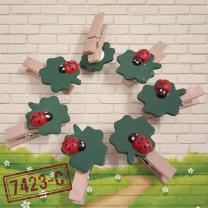 mollette legno clips pinze quadrifoglio verde coccinella rossa uso segnaposto portabigliettino bomboniere decorazioni fioristi