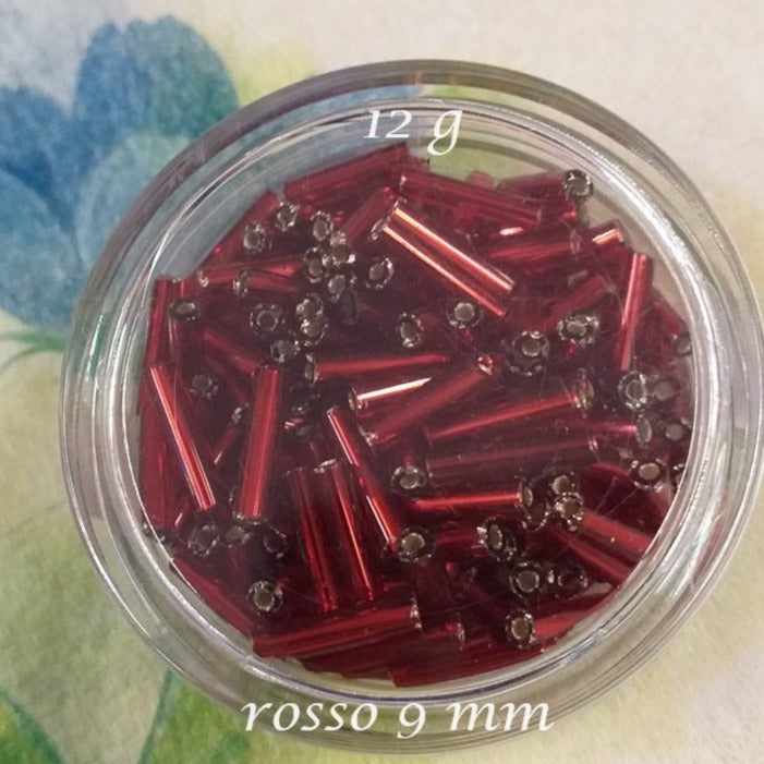 rosso 9 mm 12 grammi scatolina pive assortite bastoncini conteria rocailles mezze linee pivette tubicini baguettes perline perle da ricamo abbigliamento tubetti uso ricamare abiti costumi borse bigiotteria creare bijoux fai da te gioielli sandali nappine frange lampada
