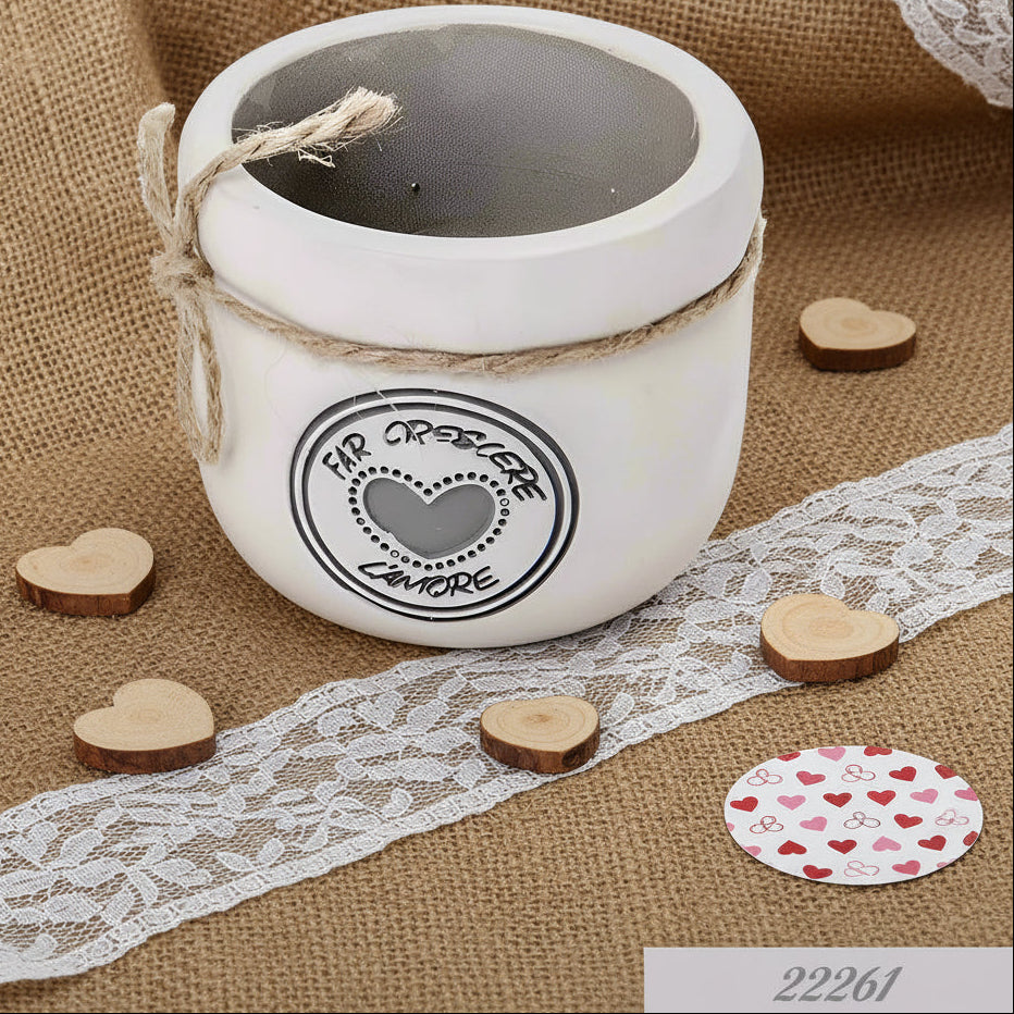 colore bianco grigio scritta far crescere l'amore corda vasetto porta piantina fiori bomboniera utile composizioni fioristi da confezionare fai da te festa della mamma o san valentino