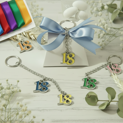 coccarda celeste azzurro per ragazzo bustina cartoncino bianco nastrini a scelta mini campionario portachiavi metallo anello catenella numero 18 colori assortiti bomboniera diciottesimo compleanno confezionata o kit fai da te bigliettino nastro confetti