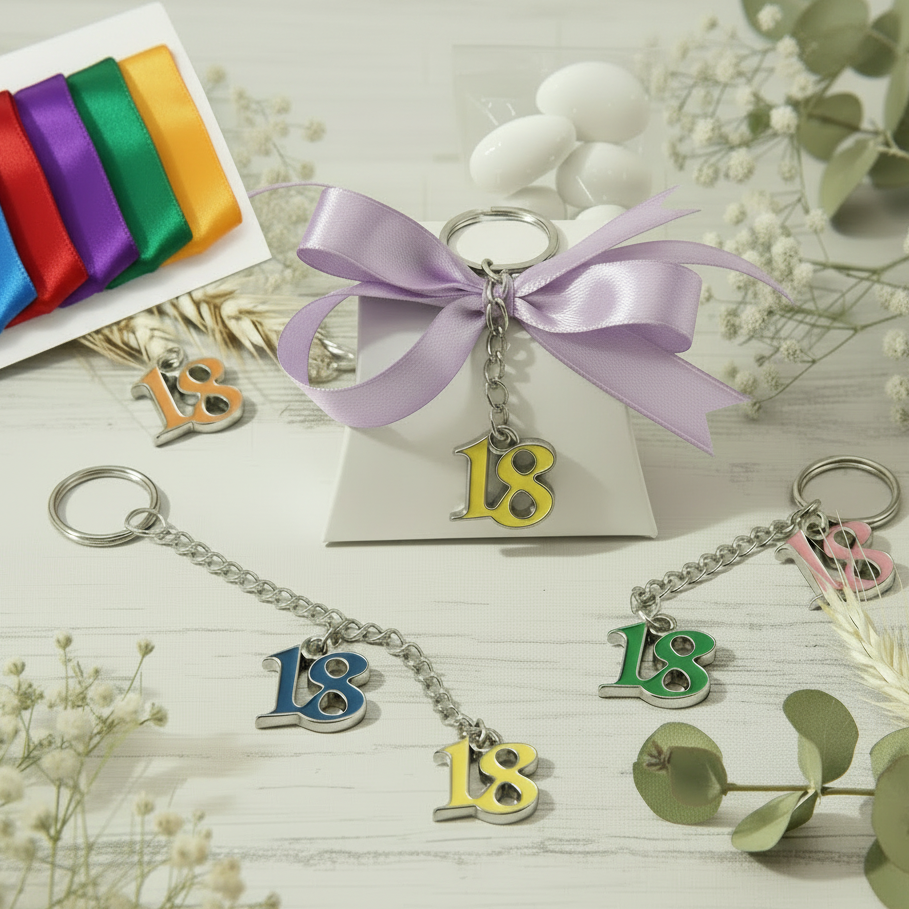 coccarda lilla glicine lavanda bustina cartoncino bianco nastrini a scelta mini campionario portachiavi metallo anello catenella numero 18 colori assortiti bomboniera diciottesimo compleanno confezionata o kit fai da te bigliettino nastro confetti