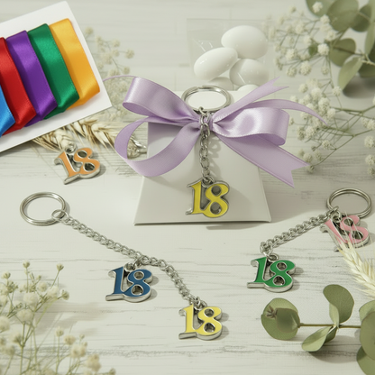 coccarda lilla glicine lavanda bustina cartoncino bianco nastrini a scelta mini campionario portachiavi metallo anello catenella numero 18 colori assortiti bomboniera diciottesimo compleanno confezionata o kit fai da te bigliettino nastro confetti