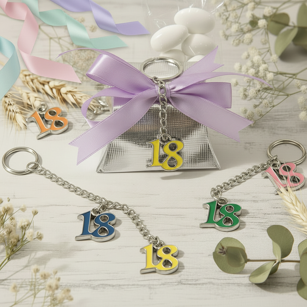 coccarda lavanda lilla glicine bustina cartoncino argento nastrini a scelta mini campionario portachiavi metallo anello catenella numero 18 colori assortiti bomboniera diciottesimo compleanno confezionata o kit fai da te bigliettino nastro confetti