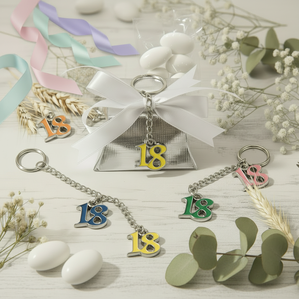 coccarda bianca bustina cartoncino argento nastrini a scelta mini campionario portachiavi metallo anello catenella numero 18 colori assortiti bomboniera diciottesimo compleanno confezionata o kit fai da te bigliettino nastro confetti