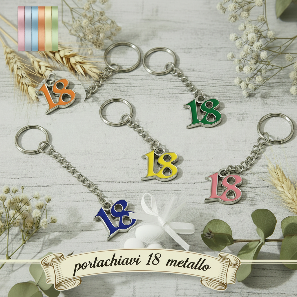 numero 18 anni ciondolo metallo  portachiavi bomboniera segnaposto diciottesimo ricordino compleanno oggettino aprifesta chiudifesta confezionare confetti italiani fiocchi