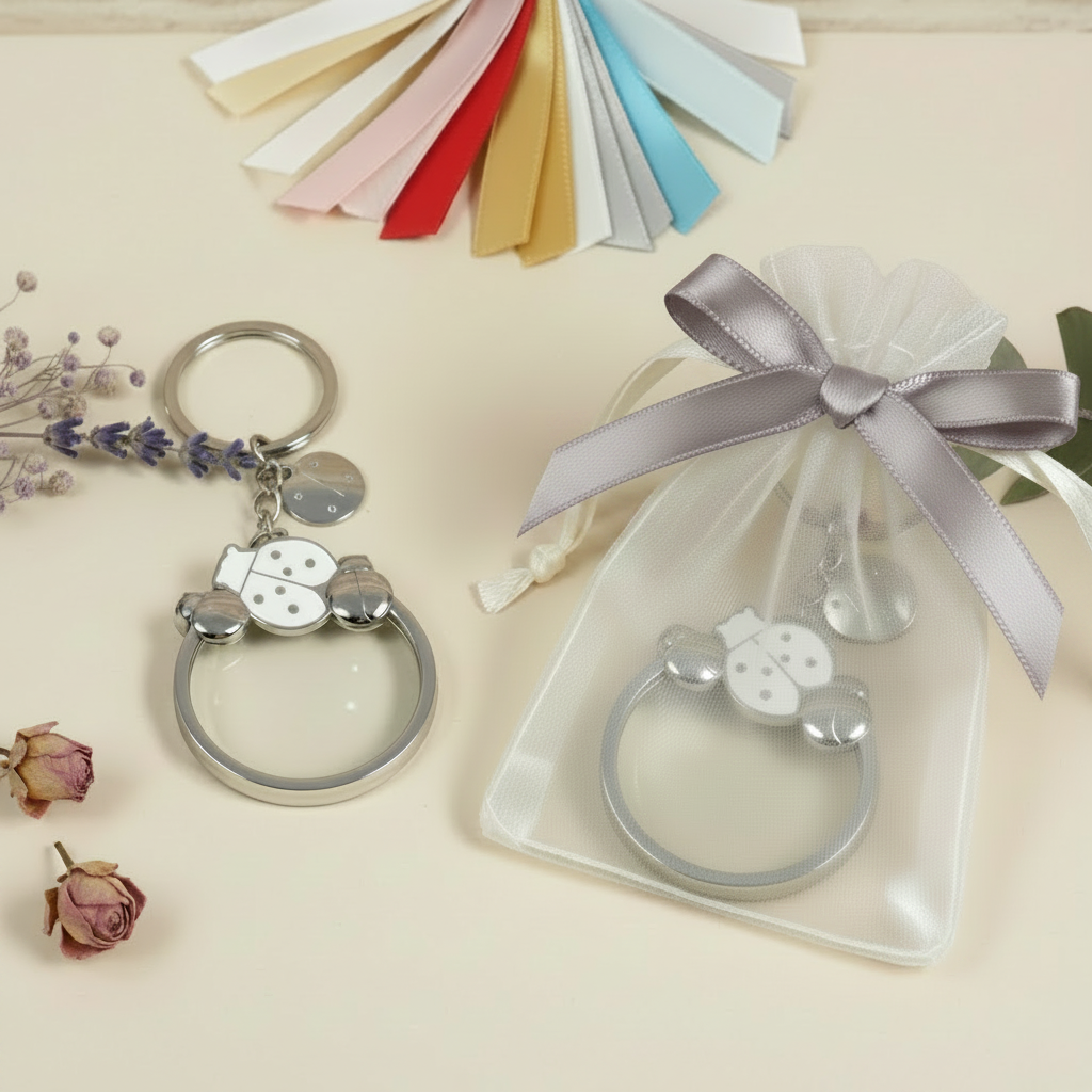 confezionato a mano nastro grigio perla sacchetto organza portachiavi coccinelle smalto acciaio e disco con sabbia mobile cinetica idea regalo comunione cresima matrimonio laurea