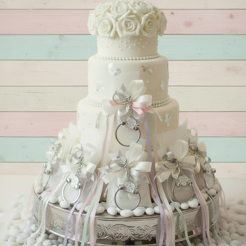 allestimento torta scenografica con sacchetto organza portachiavi coccinelle smalto acciaio e disco con sabbia mobile cinetica bomboniera comunione cresima matrimonio laurea