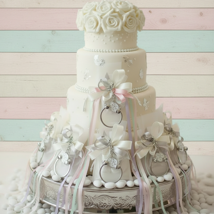 allestimento torta scenografica con sacchetto organza portachiavi coccinelle smalto acciaio e disco con sabbia mobile cinetica bomboniera comunione cresima matrimonio laurea