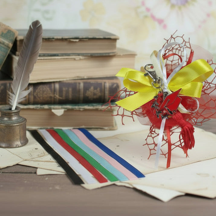 nastro economia giallo e packaging composizione nastro bigliettino bomboniera confezionata confetti sacchettino rete rosso portachiavi laurea di metallo corona d'alloro cappello tocco nappina
