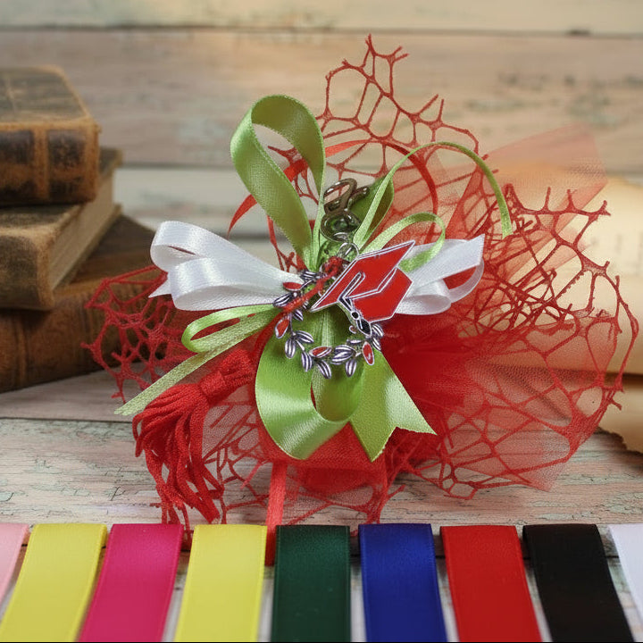 bianco e verde colori bomboniera confezionata confetti sacchettino rete bigliettino rosso portachiavi laurea di metallo corona d'alloro tocco cappello smaltato nappina gancio moschettone