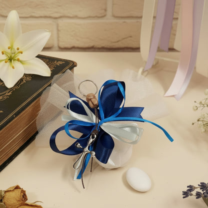 blu e argento confezione mono confetto per segnaposto bomboniera Comunione Cresima portachiavi Croce Tau resina colore argento