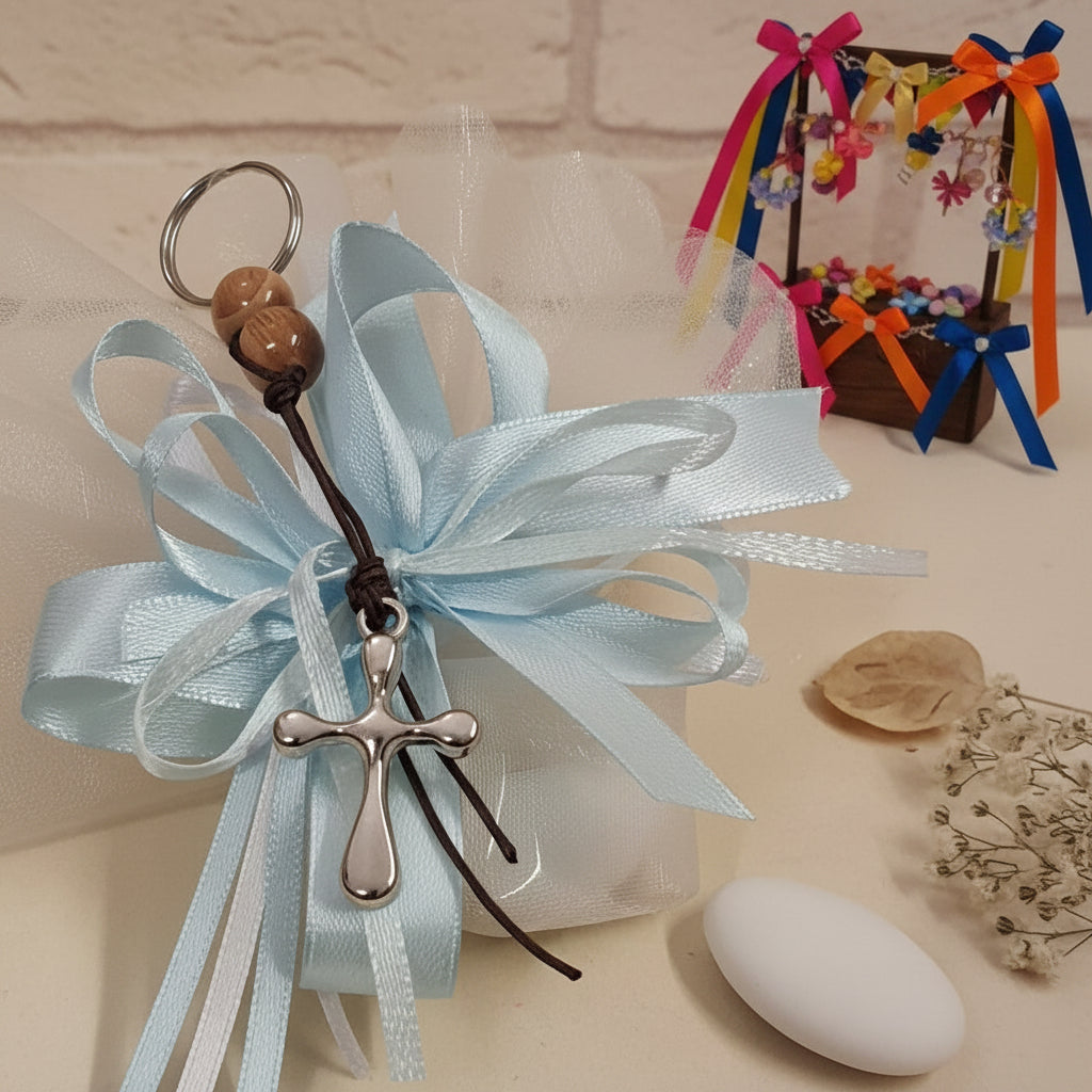 celeste azzurro segnaposto bomboniera Comunione Cresima monoconfetto tulle organza ciuffo sacchettino con ampia coccarda di nastro e portachiavi Croce Tau resina colore argento