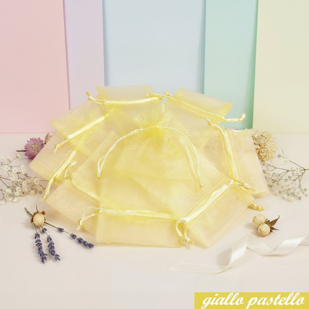 bustina gialla con tirante e imbottitura per confezioni regalo portariso sacchetti organza per confetti bomboniere fai da te confezionamento portaconfetti packaging