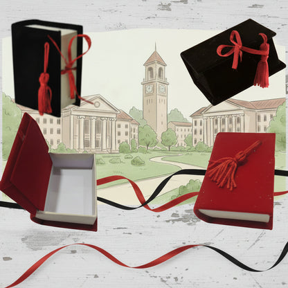 scatoline portaconfetti laurea bomboniere velluto colore rosso nero nappina rossa forma libro rivestito per packaging confezionamento confetti