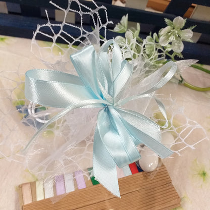 azzurro celeste battesimo comunione sacchetto confetti italiani maxtris a rete bianca confezionato coccarda fiocco bigliettino stampato scelta colori nastrini o kit fai da te