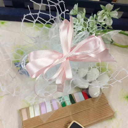 rosa battesimo comunione sacchetto confetti italiani maxtris a rete bianca confezionato coccarda fiocco bigliettino stampato scelta colori nastrini o kit fai da te