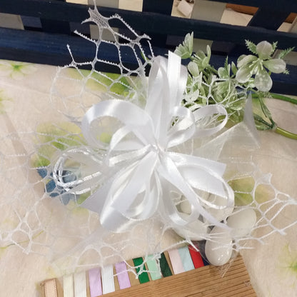 bianco matrimonio comunione sacchetto confetti italiani maxtris a rete bianca confezionato coccarda fiocco bigliettino stampato scelta colori nastrini o kit fai da te