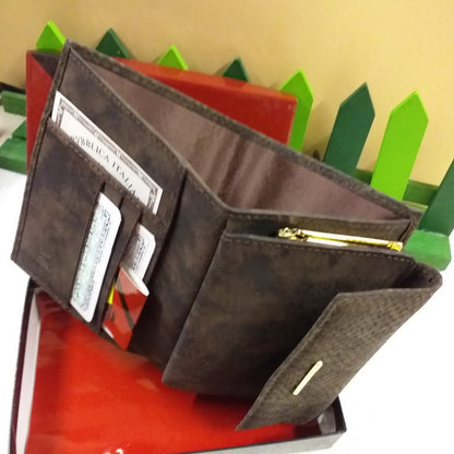 organizzato marrone scuro fantasia ecopelle portafoglio donna portafortuna con scomparti portacarte borsellino portadocumenti classico idea regalo
