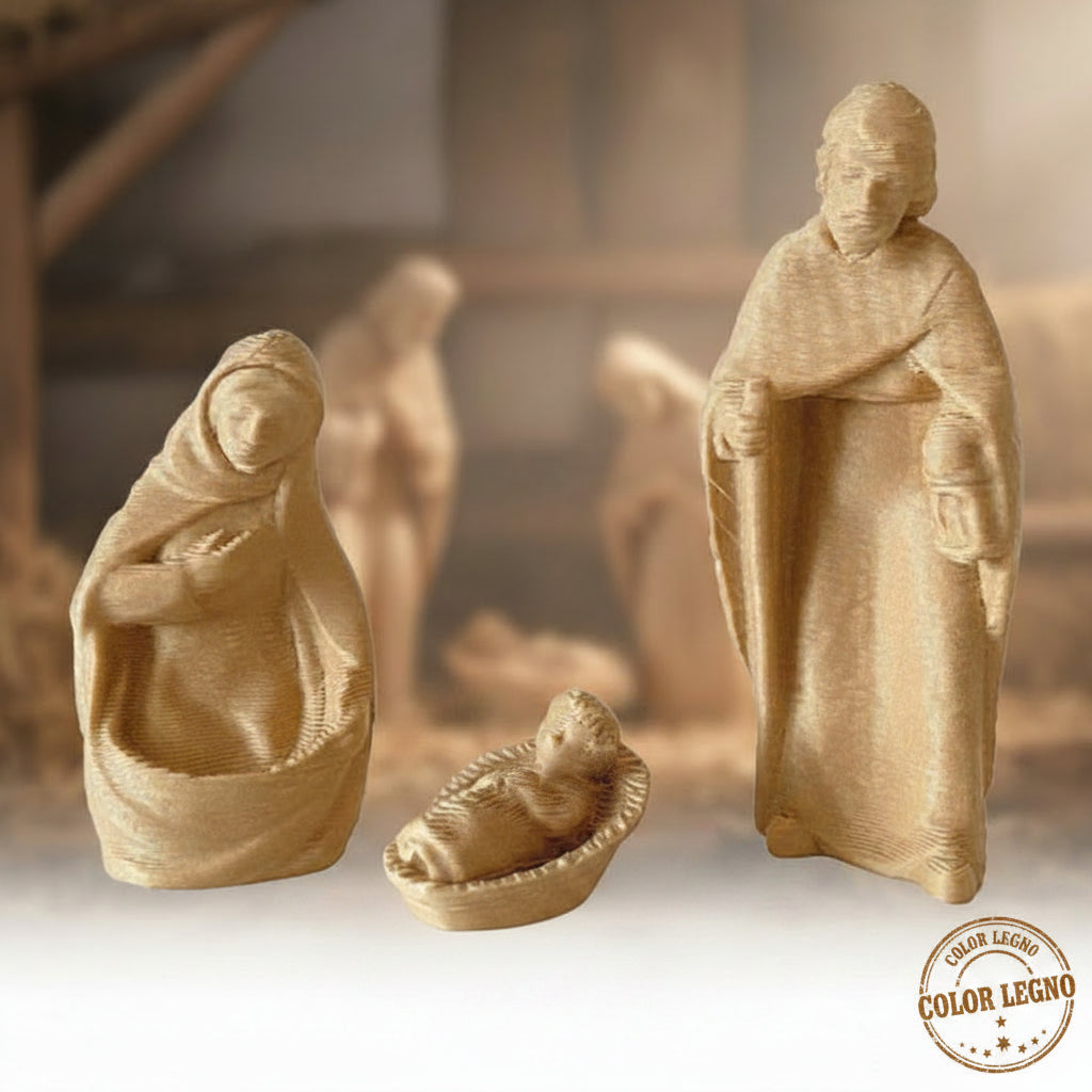 vetrina natale primo piano gruppo statuine mini Presepe Natività 4.5 cm Gesù Giuseppe Maria Madonna statuette colore legno miniatura da decorare colorare per addobbi pallina sfera per albero capanna stalla natalizia
