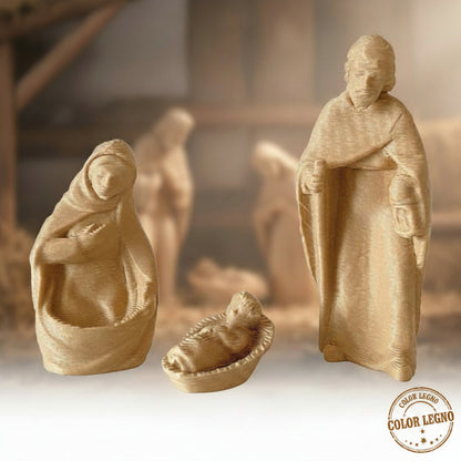 vetrina natale primo piano gruppo statuine mini Presepe Natività 4.5 cm Gesù Giuseppe Maria Madonna statuette colore legno miniatura da decorare colorare per addobbi pallina sfera per albero capanna stalla natalizia