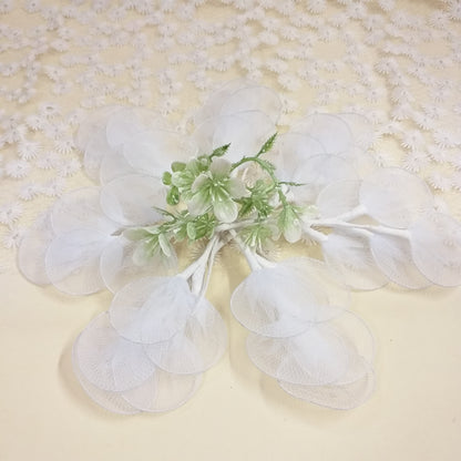 bouquet bianco rametto mazzolino pick foglie racchette portaconfetti gambo stelo tulle ferretto fai da te segnaposto fiori di confetti uso confettata confezione bomboniere scatole