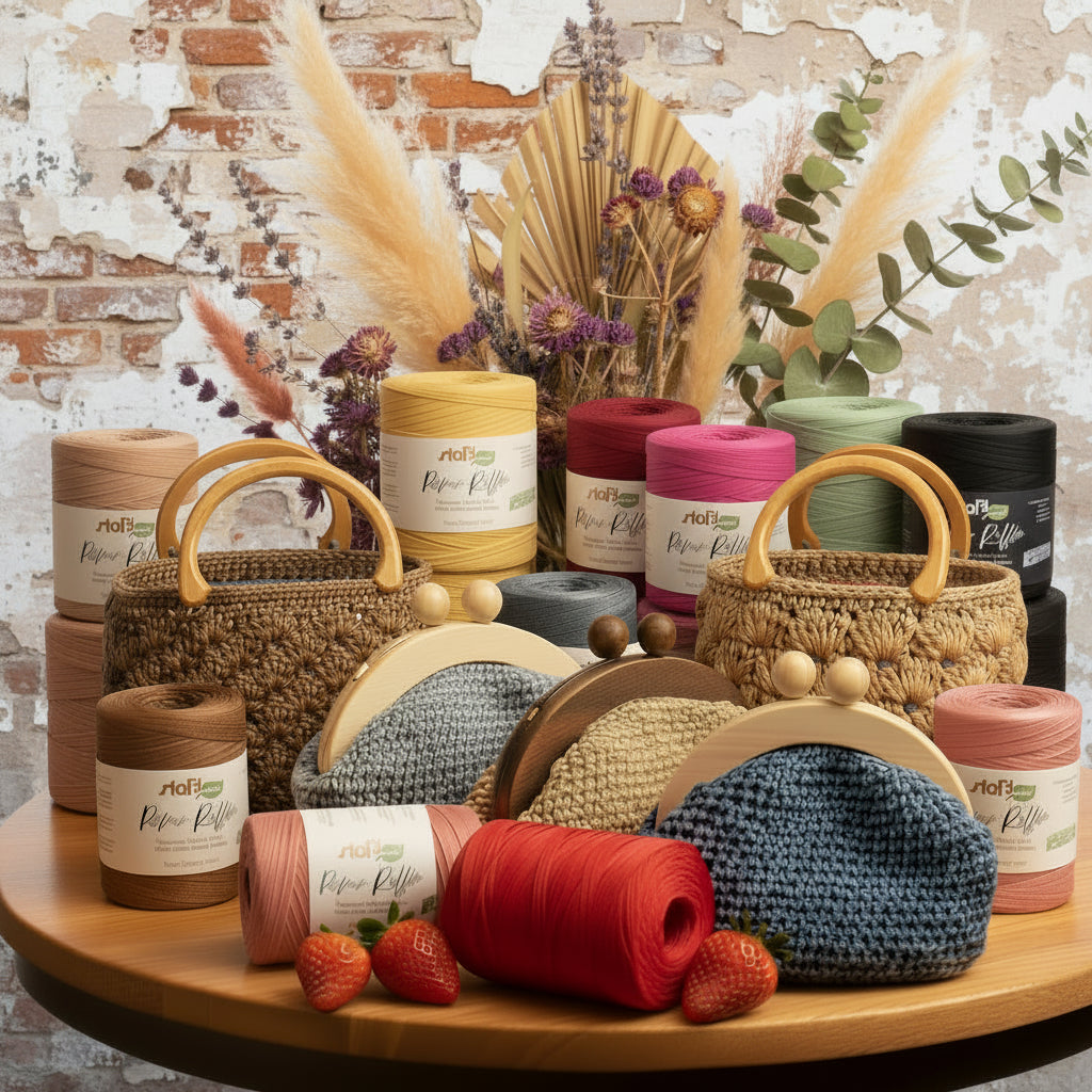 rocche rotoli rafia naturale vegetale di cellulosa carta uso uncinetto crochet bag borse estive cappelli colori arancio verde giallo nocciola bianco nero  bluette lilla azzurro celeste fucsia
bordeaux giallo senape marrone