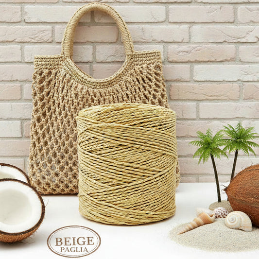 beige paglia chiaro tinta corda cordino rotondo tubolare di rafia 100% cellulosa filato naturale vegetale per borsa rete uncinetto estiva mare spiaggia