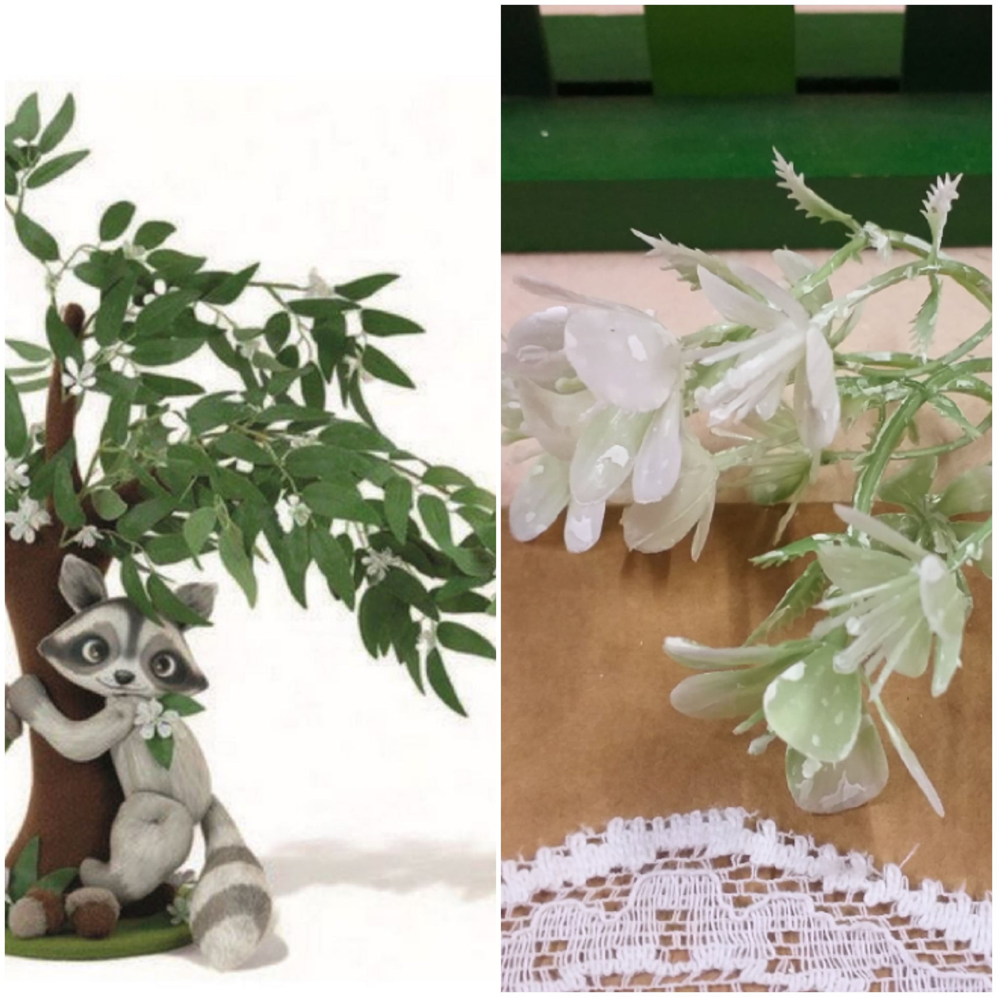 Gastone procione bambola di panno feltro e albero ruscus con silene fiorellini bianchi verdi finti artificiali botanica renkalik per composizioni fiori pasquali allestimenti fioristi vetrine