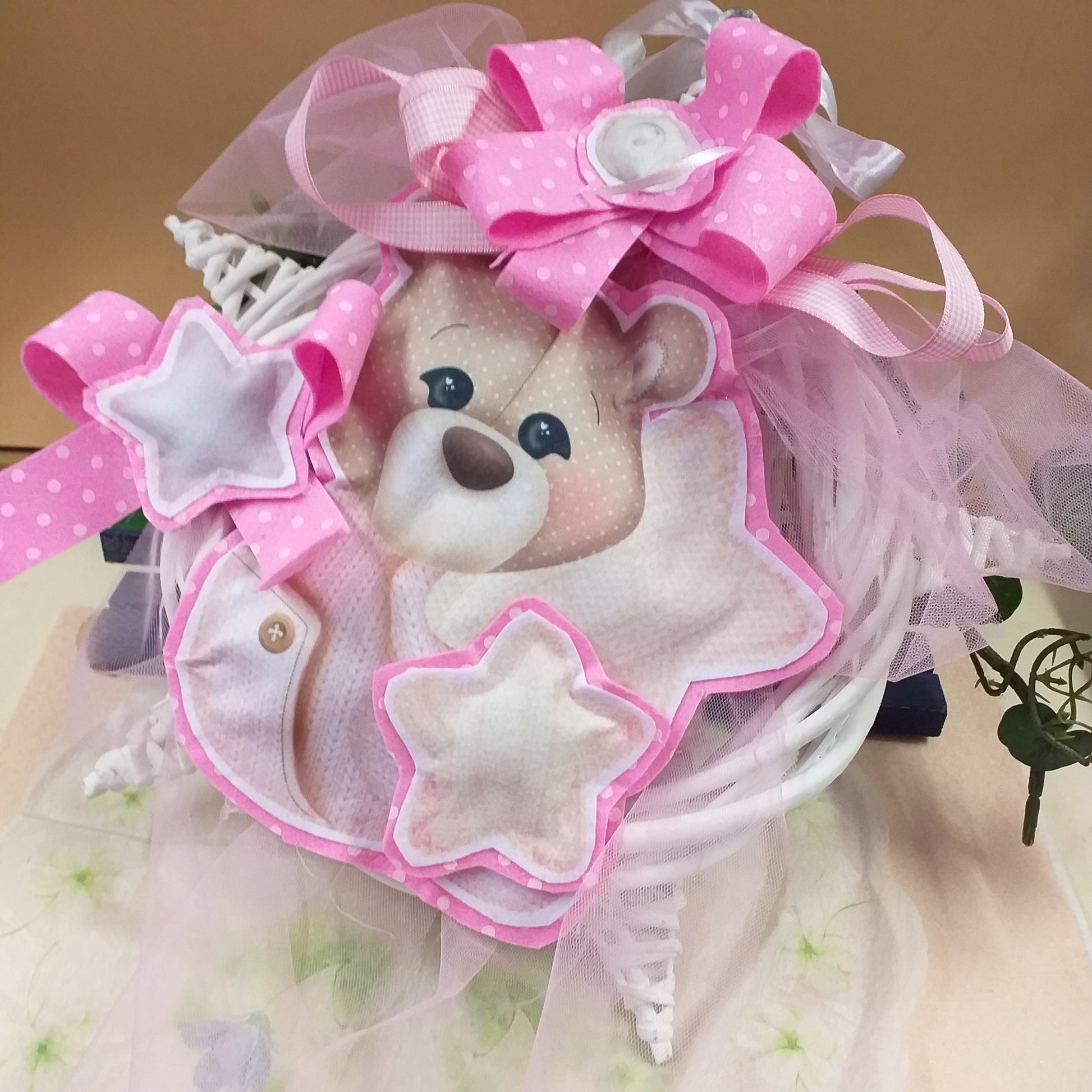 fiocco nascita orsetto sulla luna e stelle rosa bambina cornice stella vimini rattan vite viticcio bianca da decorare