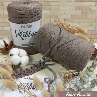 beige biscotto campione su 250 grammi 130 metri Stafil green Ribbon fettuccia piatta tubolare corda vuota filato uncinetto ferri da maglia sferruzzare borse pochette crochet progetti scaldacollo tappeti cuscini cestini vetrina