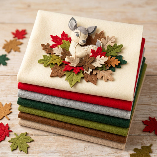 vetrina natalizia panna beige rosso grigio marrone verde colori Natale feltro modellabile Renkalik ecofelt riciclato stoffa tessuto termoformabile per tecnica stampi fiori centrotavola composizioni floreali centrotavola e fuoriporta albero foglie autunno