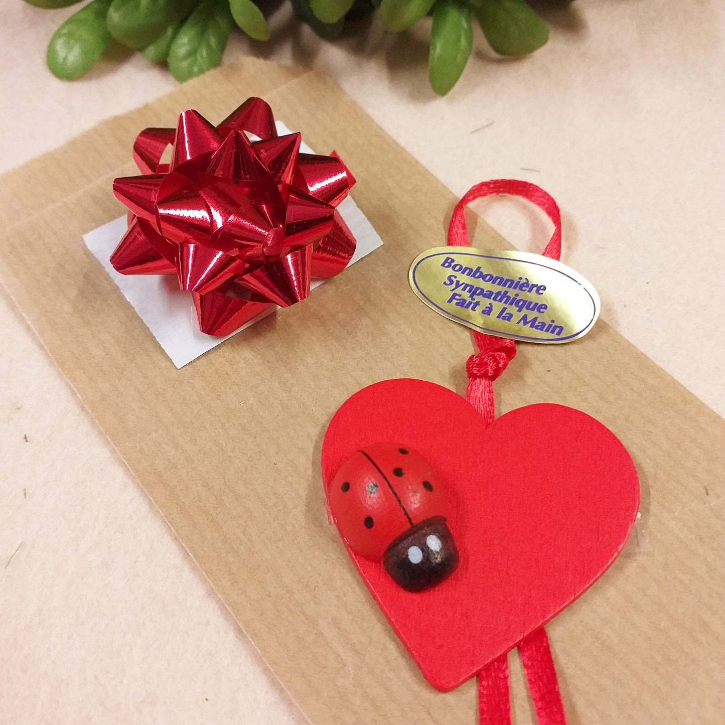 cuoricino rosso coccinella portafortuna tag legno applicazioni legnetti confezionati come gadget ricordino segnaposto bomboniera artigianale bustina tipo sacchetto del pane coccardina rossa
