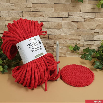 mini tubolare rosso stafil green 250 g 50 metri filled ropy filato uncinetto corda intrecciata cotone riciclato cordoncino macramè crochet rope uso borse cestino sottopiatto e tovaglietta prima colazione