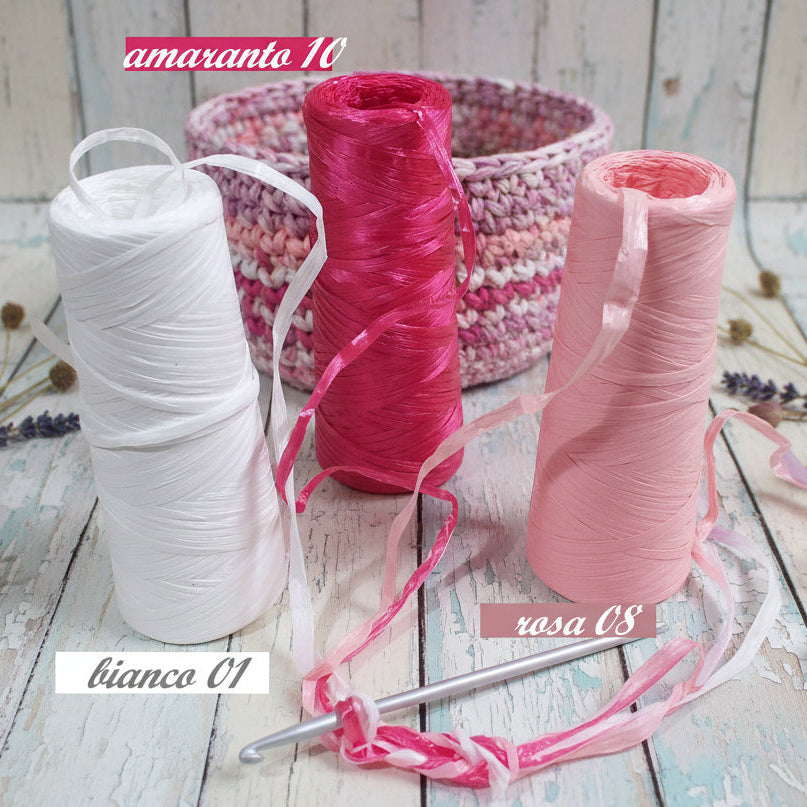 bianca rosa fucsia amaranto rafia sintetica colorata per uncinetto borse cestini tappeti uso packaging natalizio pasquale confezionamento pacchi regalo bomboniere fai da te vendita a peso rotolo 100 grammi