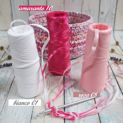 bianca rosa fucsia amaranto rafia sintetica colorata per uncinetto borse cestini tappeti uso packaging natalizio pasquale confezionamento pacchi regalo bomboniere fai da te vendita a peso rotolo 100 grammi