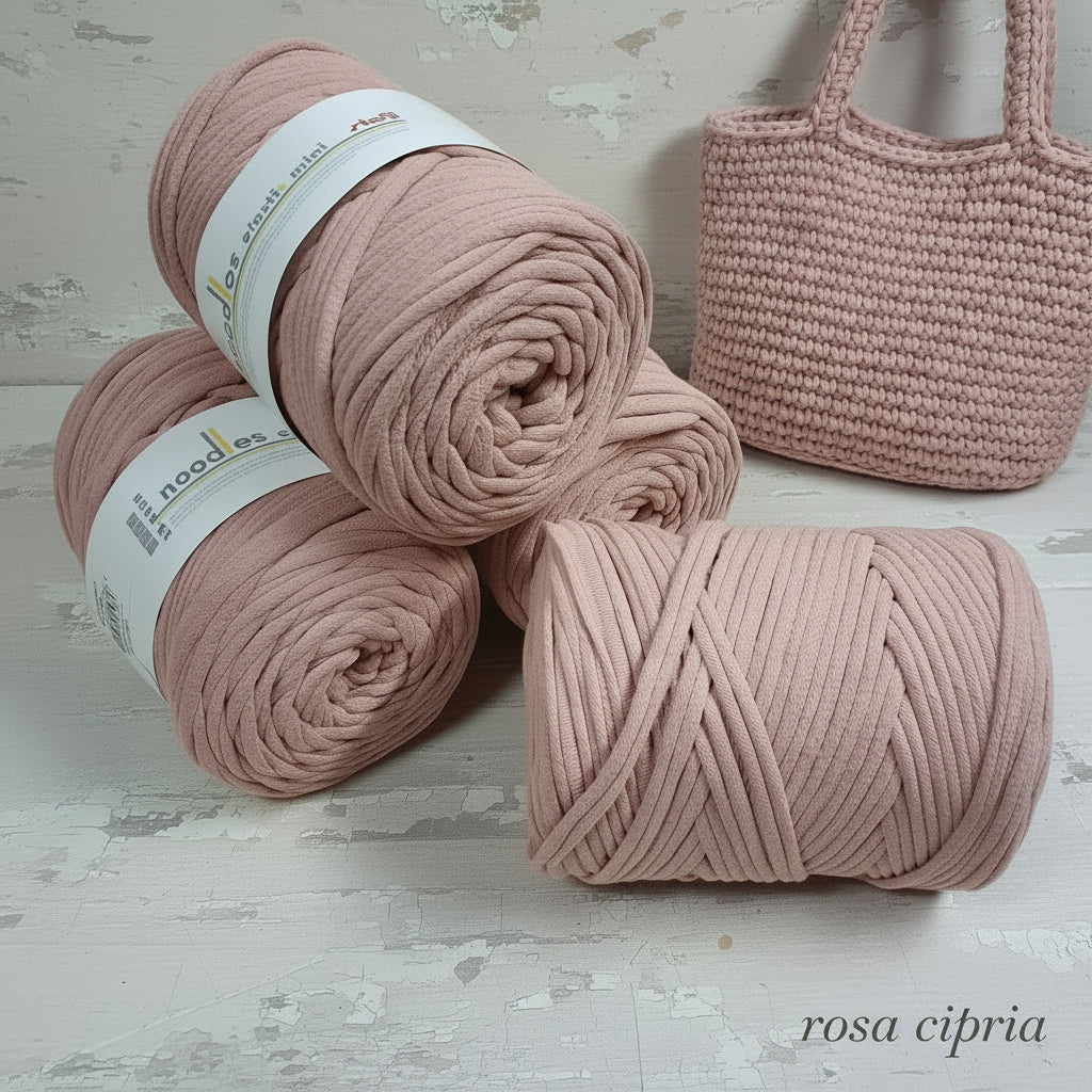 rosa cipria colore chiaro di fettuccia cotone elastico Stafil Noodles mini elastix per borse uncinetto